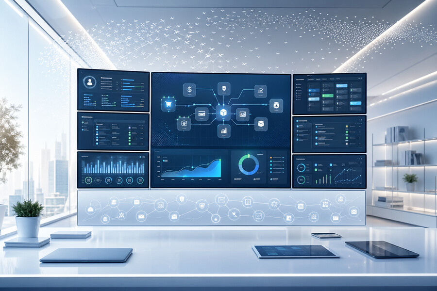 Central de tecnologia com sistemas empresariais integrados, dashboards e automações inteligentes
